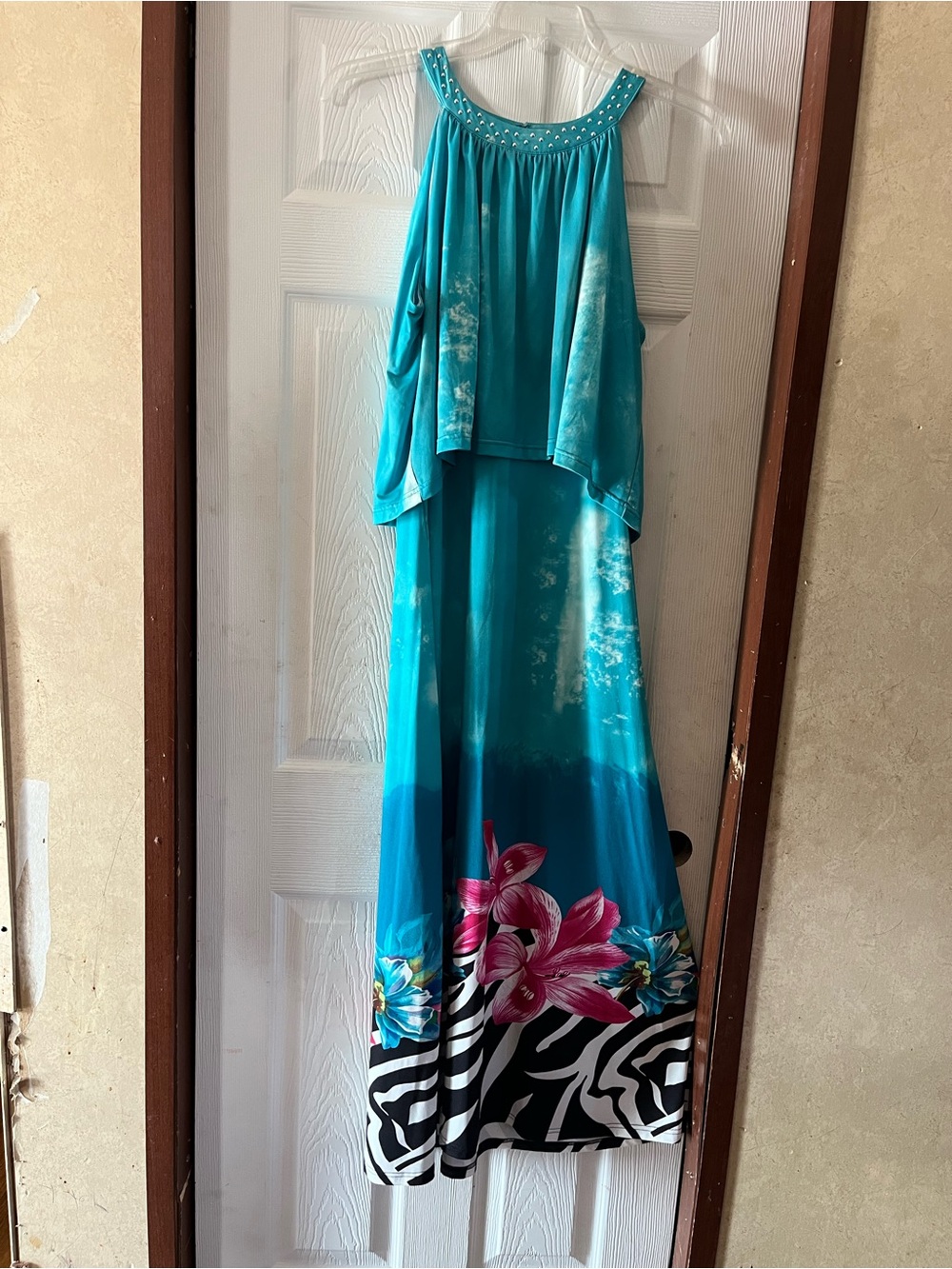 Allure Teal Tropical Hibiscus Fold Over Modest Maxi Dress Size Large